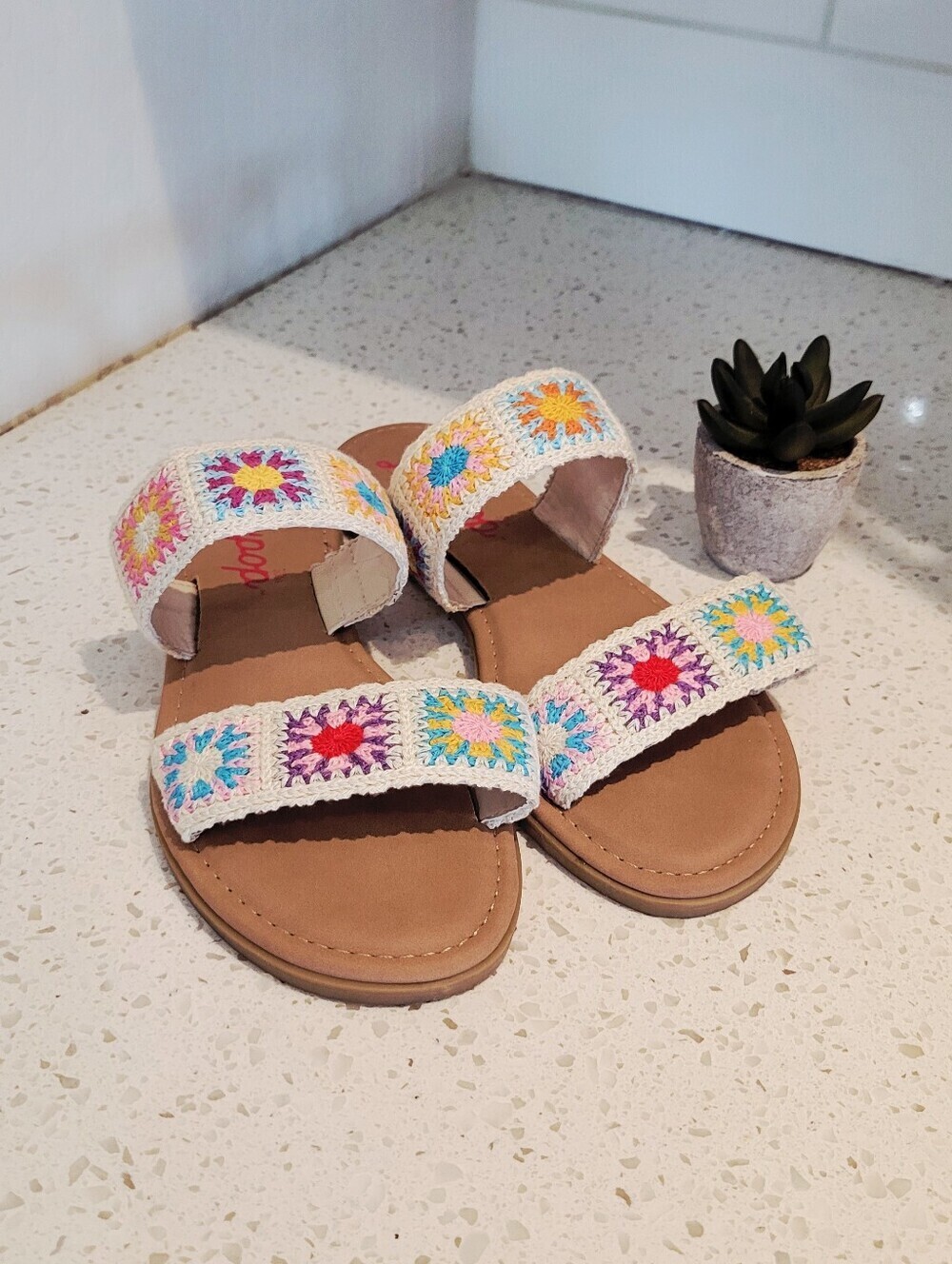 Jellypop Crocheted Flower Design Comfort Foam Sandals | Size 8